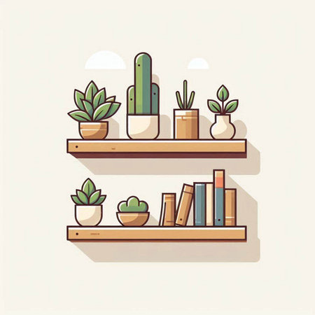 Vector illustration of a shelf with succulents and books in flat styleのイラスト素材