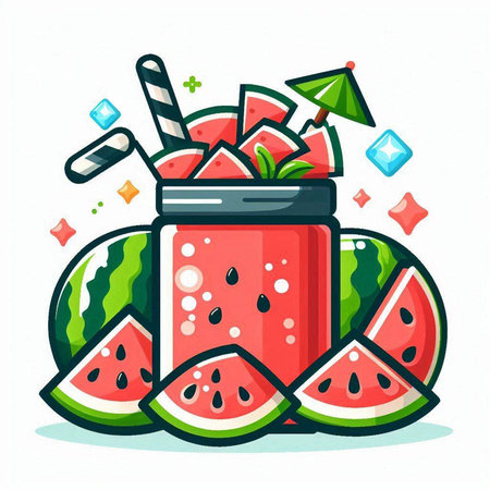 Watermelon smoothie in a jar with straws and ice cubes. Vector illustration.のイラスト素材