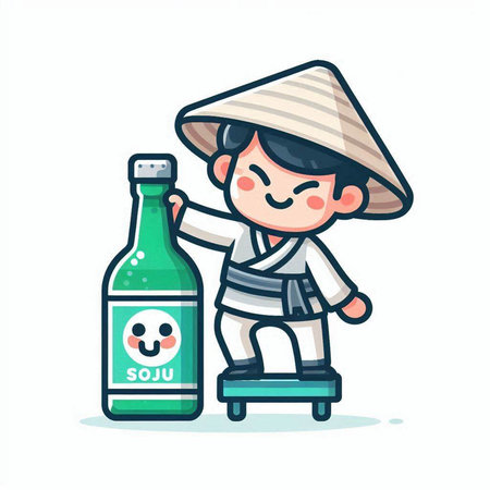 Illustration vector graphic of cute little Asian boy wearing traditional costume and holding a bottle of wine.のイラスト素材