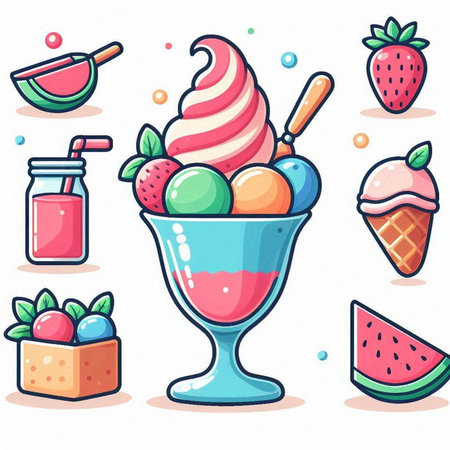Fruit ice cream icon set. Colorful cartoon vector illustration.のイラスト素材