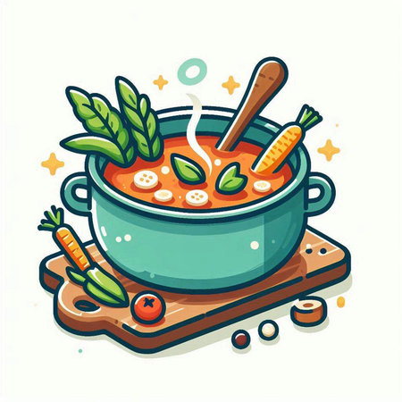 Vegetable soup in a bowl on a wooden board. Vector illustration.のイラスト素材
