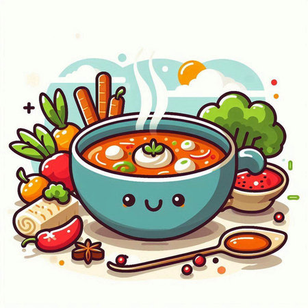 Cartoon vector illustration of a bowl of tomato soup with ingredients.のイラスト素材