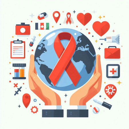 Vector illustration of World Aids Day. Red ribbon on the hands of a doctor and world map.のイラスト素材