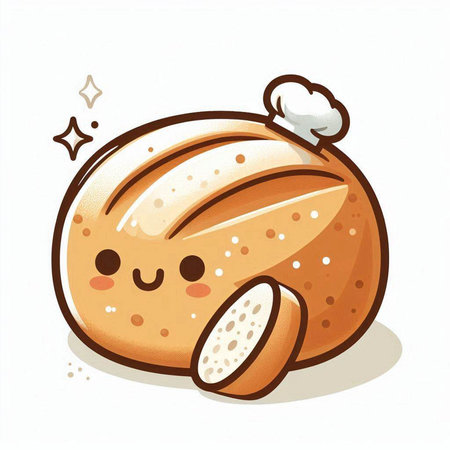 Illustration of a cartoon bread with a chef hat on a white backgroundのイラスト素材