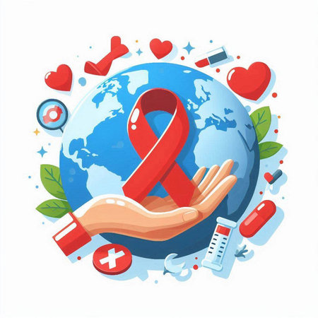 World Aids Day concept. Red ribbon in human hand. Vector illustrationのイラスト素材