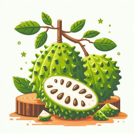 Soursop vector illustration. Exotic fruit with green leaves.のイラスト素材