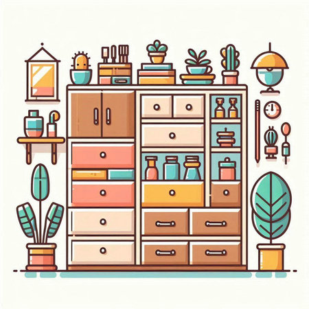 Cabinet with different cabinet elements. Vector illustration in flat styleのイラスト素材