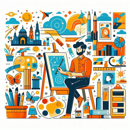 Vector illustration with artist, sketchbook, palette, paints, pencils, brushes, eraser and other objects on white background.のイラスト素材