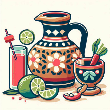 Vector illustration of jugs with tequila, lime, salt and pepper.のイラスト素材