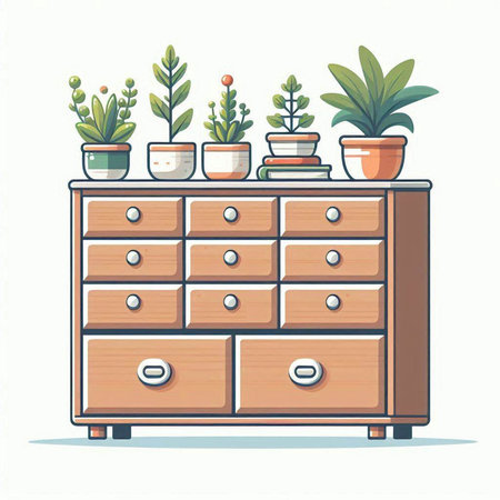 Vector illustration of a wooden chest of drawers with different plants.のイラスト素材