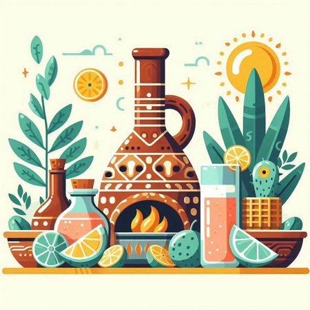 Vector illustration with tequila bottle, cactus, lemon, olive oil, balsamic vinegar on wooden background. Flat style.のイラスト素材