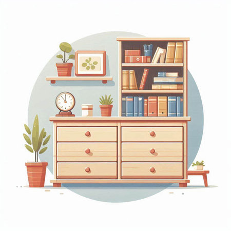 Bookshelf with books and plants. Flat style vector illustration.のイラスト素材