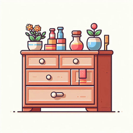 Vector illustration of a chest of drawers with different household items.のイラスト素材