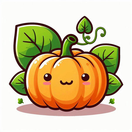 Cute cartoon pumpkin with leaves. Vector illustration isolated on white background.のイラスト素材