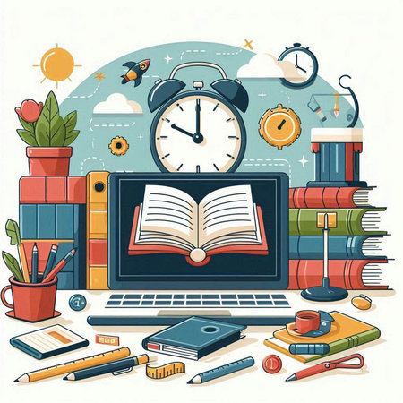 Vector illustration of a laptop, books, pencils, glasses, alarm clock and other school supplies.のイラスト素材