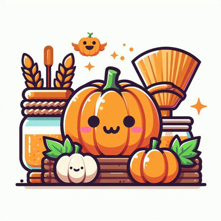 Pumpkin vector illustration. Cute kawaii pumpkin character.のイラスト素材