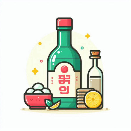 Soy sauce bottle and ingredients. Vector illustration in flat style.のイラスト素材