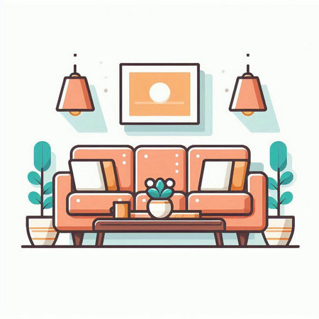 Living room interior. Cozy living room with sofa, coffee table, lamp and plants. Vector illustration.のイラスト素材