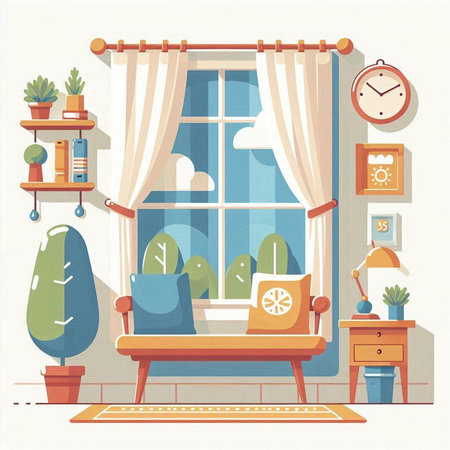 Living room interior with furniture and window. Flat style vector illustration.のイラスト素材
