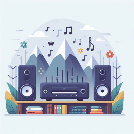 Music concept. Vector illustration in flat style. Audio system, speakers, music notes and plants.のイラスト素材