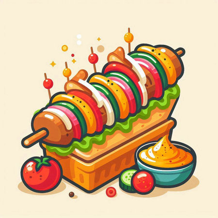 Illustration of Grilled Hot Dog with Vegetables and Spicesのイラスト素材