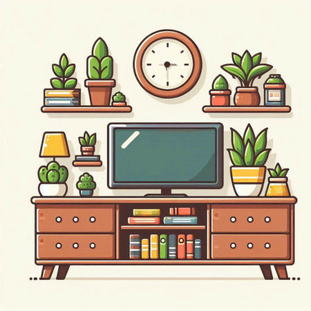 Illustration of a living room with a TV, books and plantsのイラスト素材