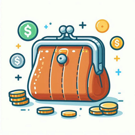Purse and coins. Vector illustration of a purse and coins.のイラスト素材