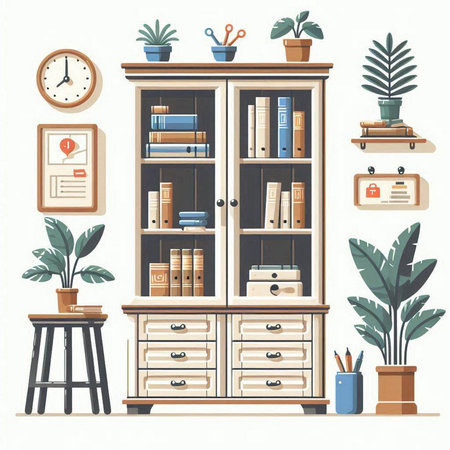 Bookcase with books and home plants. Vector illustration in flat styleのイラスト素材