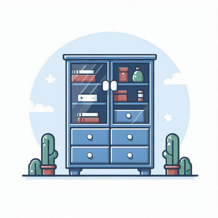 Cabinet with books and cactuses. Flat vector illustration.のイラスト素材