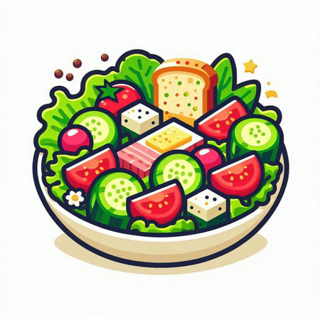 Salad with tomato, cucumber and cheese in bowl. Vector illustration.のイラスト素材