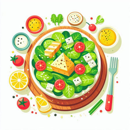 Salad with cheese, cherry tomatoes, olives and herbs. Vector illustrationのイラスト素材