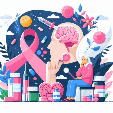 Breast Cancer Awareness Month. Vector Illustration of Woman Suffering From Breast Cancerのイラスト素材