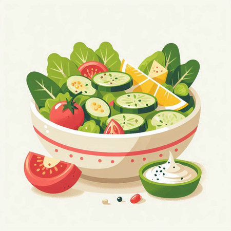 Salad with cucumber, tomato and mayonnaise. Vector illustration.のイラスト素材