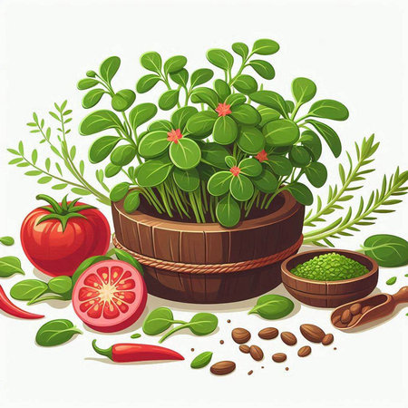 Illustration of fresh herbs in wooden bowl with tomato and pepper.のイラスト素材