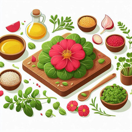 Flower and ingredients for cooking on wooden board. Vector illustration.のイラスト素材