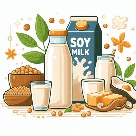 Vector illustration of soy milk in a glass, soybean milk in a jar, soybean milk in a glass, soy milk in a glass, soybeans in a bowl, soybean milk in a glass and soybeans in a bowlのイラスト素材