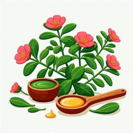 Flower, leaves and oil in a wooden bowl. Vector illustration.のイラスト素材