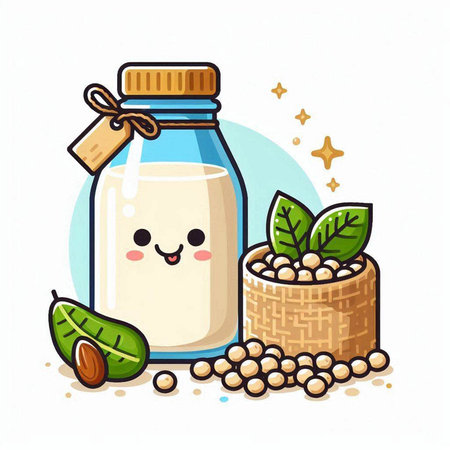 Soy milk in a bottle and soy beans. Vector illustration.のイラスト素材
