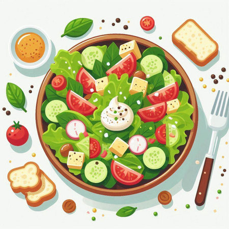 Salad with mozzarella cheese, tomatoes, cucumbers, olives and herbs. Vector illustrationのイラスト素材