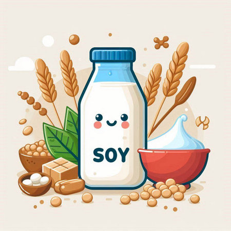 Soy milk in a bottle and ingredients. Vector illustration in flat style.のイラスト素材