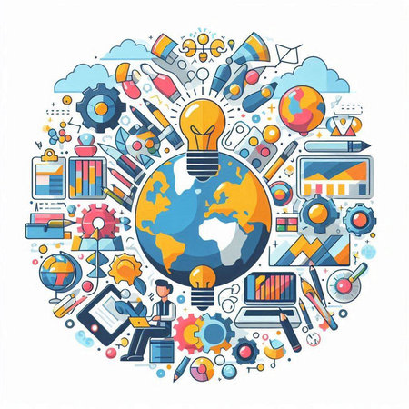 Concept of global business. Vector illustration in the form of a globe with icons on white backgroundのイラスト素材