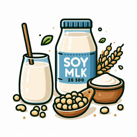 Soy milk. Vector illustration of soy milk in a bottle with a spoon and a bowl of soybeans.のイラスト素材