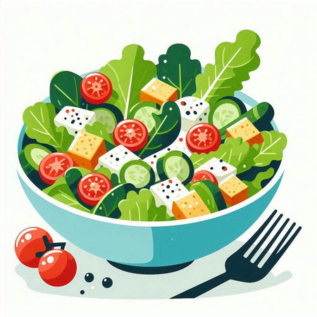 Salad with feta cheese and cherry tomatoes. Vector illustration.のイラスト素材
