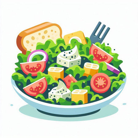salad with cheese, tomato, cucumber and olives in a bowlのイラスト素材