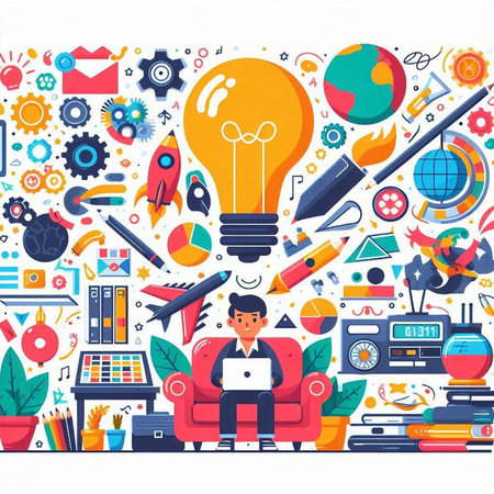 Vector illustration in flat style with rocket, bulb, laptop and office supplies.のイラスト素材
