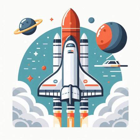 Rocket in space. Vector illustration in flat cartoon style on white background.のイラスト素材