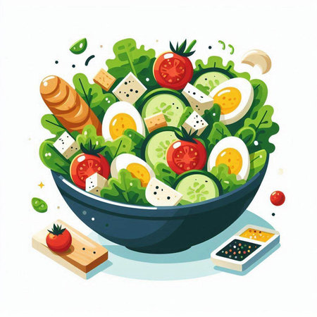 Salad in bowl. Healthy food. Vector illustration in cartoon style.のイラスト素材