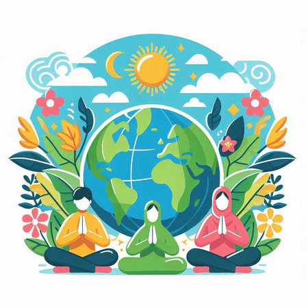 Flat design illustration of people meditating around the world. Earth day concept.のイラスト素材
