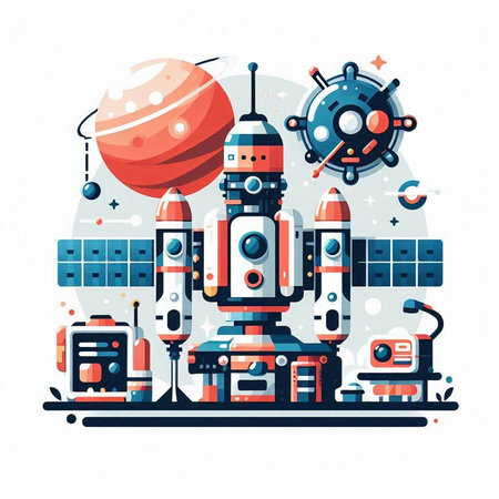 Space station. Vector illustration in flat cartoon style. Space exploration.のイラスト素材