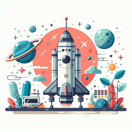 Space exploration concept. Spaceship, rocket and planets. Vector illustrationのイラスト素材
